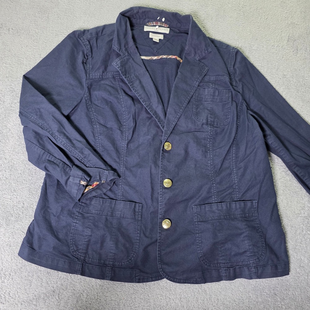 Tommy Hilfiger Women 2X Blazer Navy Blue Gold Button Plaid Trim Stretch Cotton
